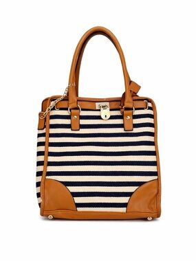 Navy & Cream Striped Satchel with Tan Trim